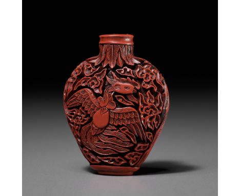 A CARVED CINNABAR LACQUER 'PHOENIX' SNUFF BOTTLE, PROBABLY IMPERIAL, CHINA, 1780-1860Of compressed form with flat lip and rec