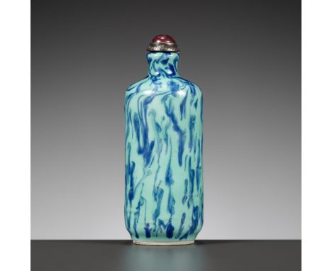 AN UNUSUAL 'ROBIN'S EGG' GLAZED PORCELAIN SNUFF BOTTLE, CHINA, 1780-1860The cylindrical body supported on a tapered foot and 