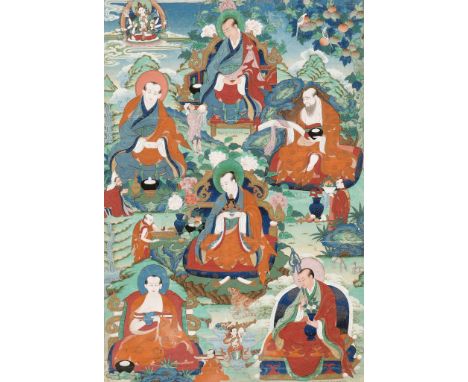 A REMARKABLY FINE THANGKA DEPICTING SIX ARHATS, TIBET, 18TH CENTURYThe upper section with Kanaka Bharadvaja seated on a thron