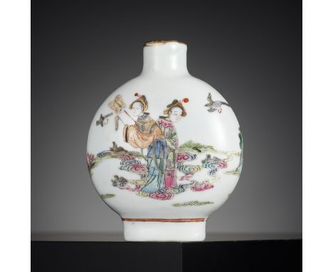 A LARGE FAMILLE ROSE 'COWHERD AND WEAVER MAIDEN' SNUFF BOTTLE, IMPERIAL, JINGDEZHEN KILNS, DAOGUANG FOUR-CHARCTER MARK AND OF