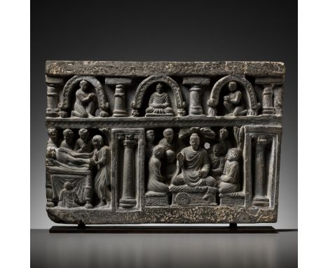 A GRAY SCHIST FRIEZE DEPICTING BUDDHA'S FIRST SERMON AND DEATH (PARINIRVANA), ANCIENT REGION OF GANDHARA, KUSHAN PERIOD2nd-4t