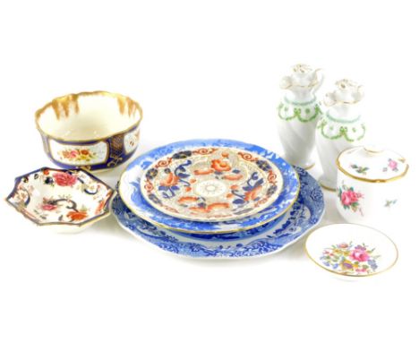 A collection of ceramics, to include a cup and Spode blue and white plate, Mason's Ironstone, Limoges bottles and covers, Spo