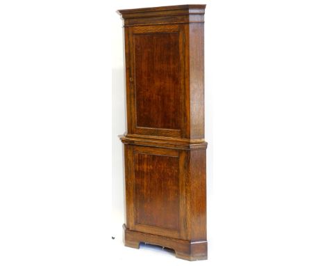 An oak standing corner cabinet, with a moulded cornice above two panel doors on bracket feet, 90cm high, 87cm wide.