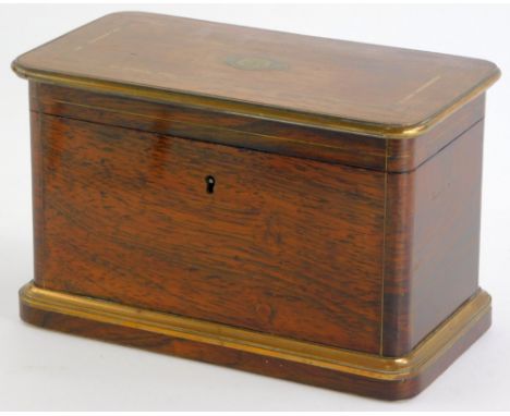 A 19thC French rosewood and brass inlaid tea caddy, the hinged lid engraved with initials enclosing two lidded maple veneered