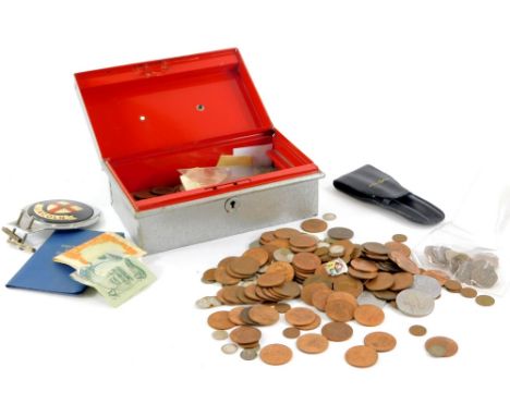 A quantity of mainly British coins, to include a small amount of silver threepences, etc., a Lincoln Automobile Badge, etc.