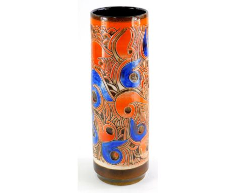 A Poole Pottery cylindrical vase, with sgraffito decoration in orange, blue and brown, decorators initials CIY, 40cm high.