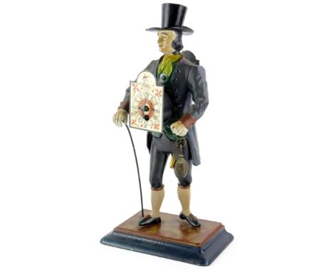 A Dutch painted spelter figural mantel clock, modelled in the form of a gentleman wearing a top hat, and with a cane the arch