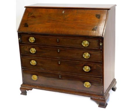 An early 19thC mahogany ebony strung and chequer banded bureau, the later top with a moulded edge, above a crossbanded fall e