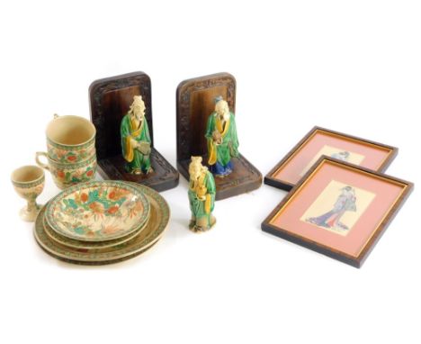 A collection of oriental items, to include Japanese earthenware, cups, saucers, an egg cup etc., a pair of Cash silk oriental
