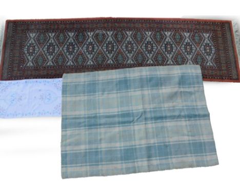 A machine woven Afghan type runner, a flat weave rug, etc.  (3)