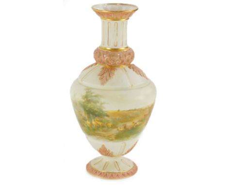 A Grainger and Co. Worcester Porcelain vase, painted with sheep, on a blush ivory ground with pierced neck picked out in gilt