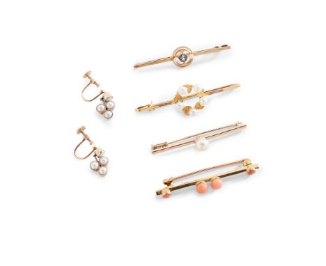 Y A collection of jewellery including two pearl bar brooches, stamped 9ct or 14k; a coral bar brooch, unmarked; an aquamarine