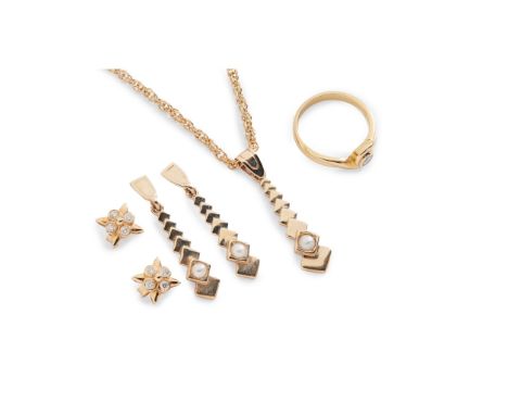 A collection of jewellery including an 18ct gold single-stone diamond ring, a pair of 18ct gold diamond cluster earrings; a 9