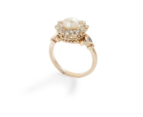 A pearl and diamond cluster ring set with a central bouton pearl (untested), in a border of old round and cushion-cut diamond