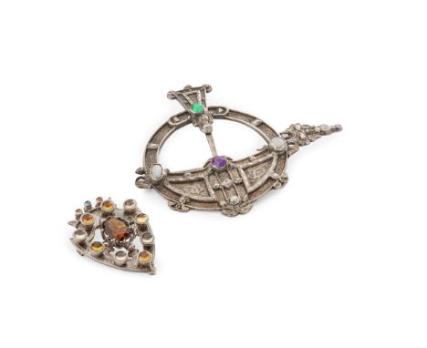 A copy of the Tara brooch with two collet-set opals and two coloured cabochons, stamped to reverse WATERHOUSE DUBLIN; togethe