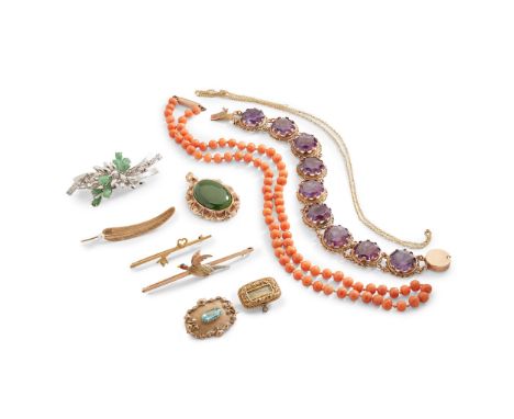 Y A collection of jewellery including a synthetic sapphire bracelet, stamped 14; a coral bead necklace, three various bar bro