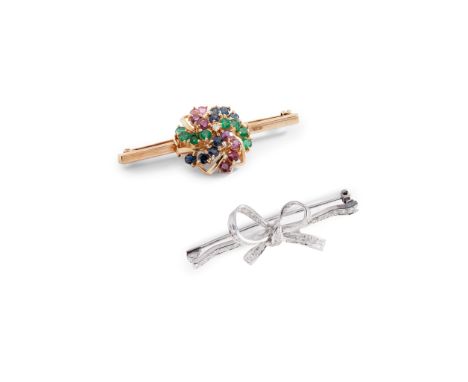 Two gem-set brooches including an 18ct white gold diamond bow brooch; together with a sapphire, ruby, emerald and diamond clu