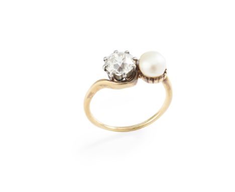 An early 20th-Century pearl and diamond 'moi-et-toi' ring set with a single old round-cut diamond and a bouton pearl (unteste