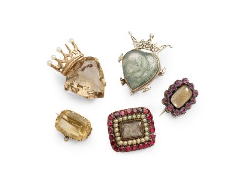 A collection of brooches including a 9ct gold citrine and seed pearl crowned heart brooch, a silver and moss-agate crowned he