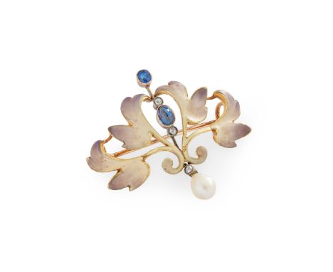 An Art Nouveau sapphire, pearl and enamel brooch of scrolling foliate design, set at intervals with a small cushion-cut sapph