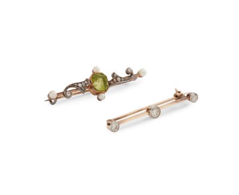 Two gem-set brooches including an early 20th-Century peridot, seed pearl and rose-cut diamond brooch, unmarked; together with