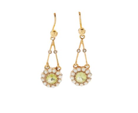 A pair of peridot and pearl pendent earrings each set with a small round-cut peridot and small seed pearls, stamped 9ct; toge