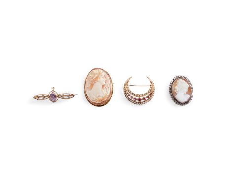 A collection of brooches including a 9ct gold garnet and pearl crescent brooch, a 9ct gold cameo brooch; an amethyst and seed