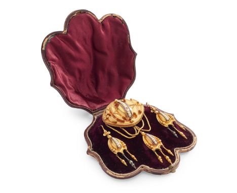 A Victorian pearl and enamelled brooch and earrings the brooch of oval outline with beaded detail, set with a row of seed pea