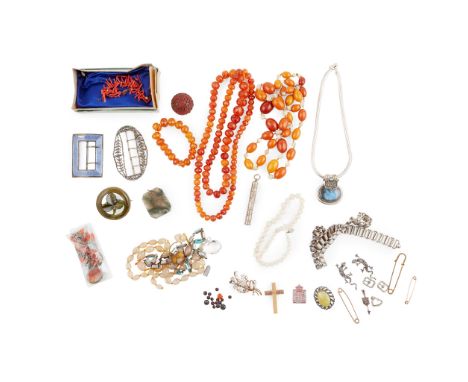 A collection of jewellery including an amber and mother-of-pearl bead necklace, a contemporary labradorite necklace; various 