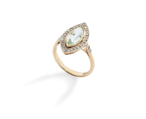 An aquamarine and diamond ring millegrain-set with a marquise-cut aquamarine, in a border of rose-cut diamonds, unmarked(Ring