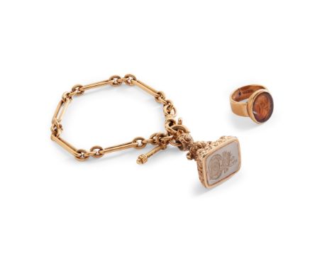 An 18ct gold watch chain suspending T-bar pendant and agate fob; together with an intaglio ring depicting a classical gentlem