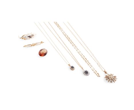 A collection of gold and gem-set jewellery including a 9ct gold pearl star pendant necklace, a 9ct gold sapphire and diamond 