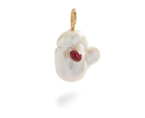 A baroque pearl and tourmaline pendant the baroque pearl with collet-set cabochon pink tourmaline, stamped 14k(Length: 3.3cm)
