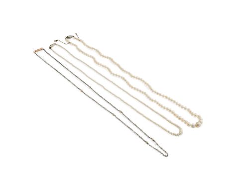 Three pearl necklaces including two graduated pearl necklaces (untested), both to unmarked barrel clasps; together with a tra