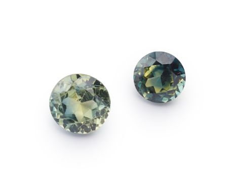 Two unmounted sapphires including one modified round brilliant-cut greenish-yellowish blue example, and another light greenis