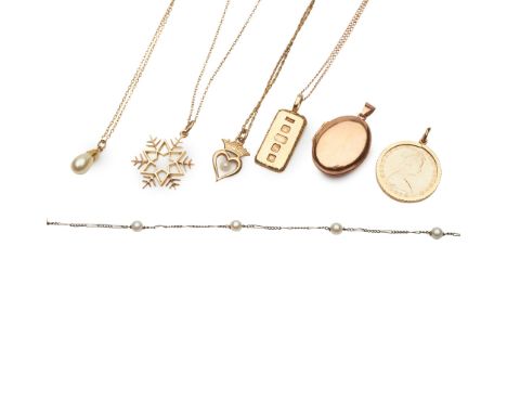 A collection of jewellery including a 9ct gold ingot pendant, to a trace link chain; an Isle of Man one pound coin in a 9ct g