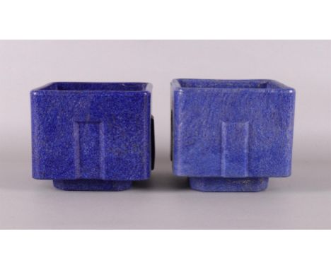Two square deep purple graniver cactus pots without saucers, design: A.D.Copier, 1929. Execution: Glass Factory Leerdam, mono