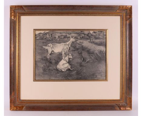 Dutch school, early 20th century "Goats at a farmhouse", lithograph/paper, h 29 x w 42 cm.