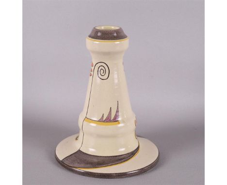 A tapered model earthenware candlestick, Potterie KTP Kennemerland Velsen, period 1929 - 1939. Decorated with polychrome fant