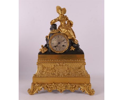 A fire-gilt Louis Philippe mantel clock, France, Ambrose a Lyon, ca. 1840. Crowning of a young lady dressed in neoclassical f