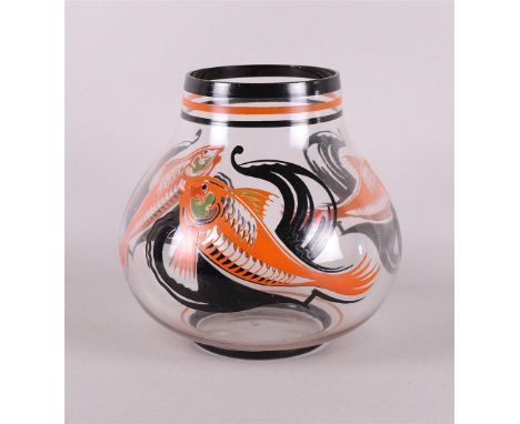A clear glass vase with polychrome enamel paint decoration "fish", design and execution: A.J.van Kooten (1894-1951)ca.1930, s