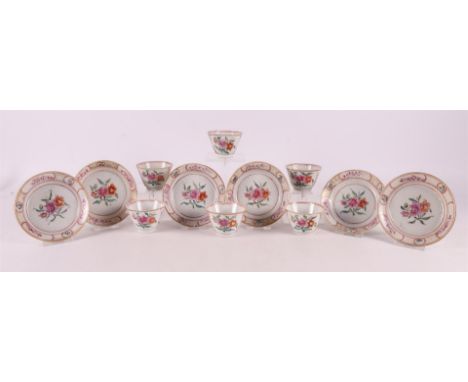 A series of six conical porcelain famille rose cups and six matching saucers, China, 18th century. Polychrome floral decorati