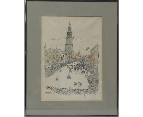 Marle van, W.B (Groningen 1909-1988) "Military parade at the Grote Markt Groningen', signed in the plate l.o and dated 28 Aug