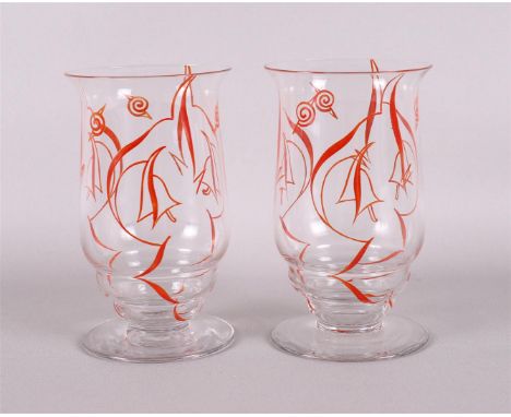 A pair of clear glass vases with red Amsterdam School fantasy decoration, design: Jaap Gidding, circa 1926 - 1927, executed b