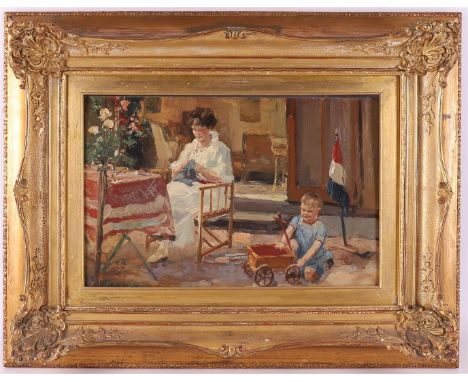 Voorden van, August Willem (Rotterdam 1881-1921) "Mother with needlework and child playing with cart", signed l.o, oil paint/