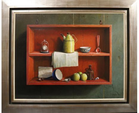 Bolman, Rinko (Uithuizen 1943) "Still life with enamel jug, pocket watch and apples in cupboard", signed in full l.r. and 200