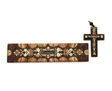 A Bohemian Karlsbad pietra dura mourning cross,19th century, on an enamelled brass base, 6 x 4cm, together with a Karlsbad pa