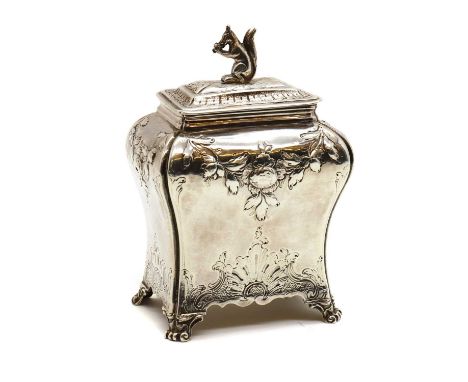 A George III silver tea caddy,by Pierre Gillois, London 1765, of bombe form, with chased floral and foliate decoration, on fo
