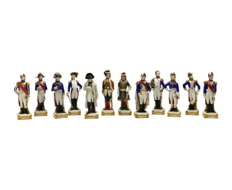 A collection of twelve Sitzendorf porcelain military figures, 19th to 20th century, depicting notable Napoleonic officers, in