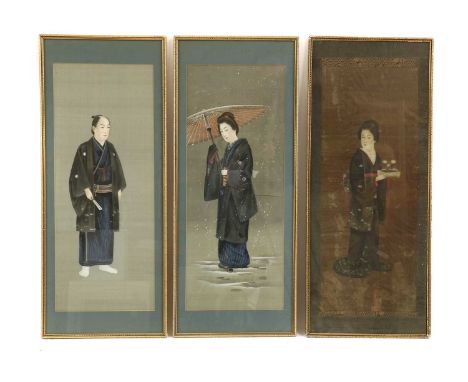 A group of three Japanese gouache paintings,20th century, each of a standing figure dressed in kimonos, ink and colour on sil